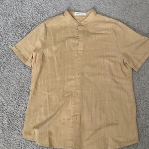 Boys SHEIN Tan Casual Button Down Shirt with Modern Mandarin Collar